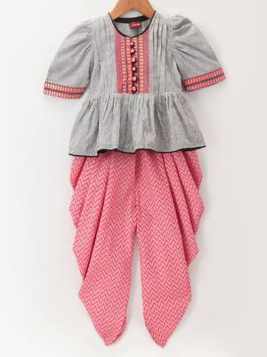 Stripes Peplum Top With Printed Dhoti Pants- Grey & Pink 1