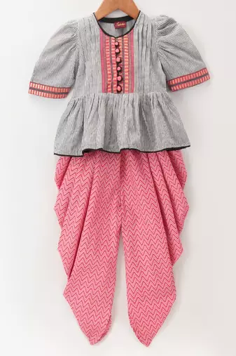 Stripes Peplum Top With Printed Dhoti Pants- Grey & Pink