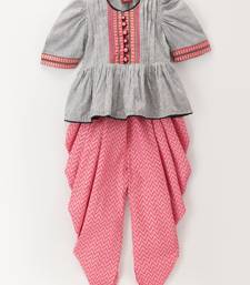 Stripes Peplum Top With Printed Dhoti Pants- Grey & Pink