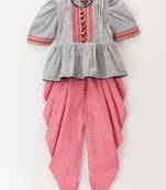 Stripes Peplum Top With Printed Dhoti Pants- Grey & Pink
