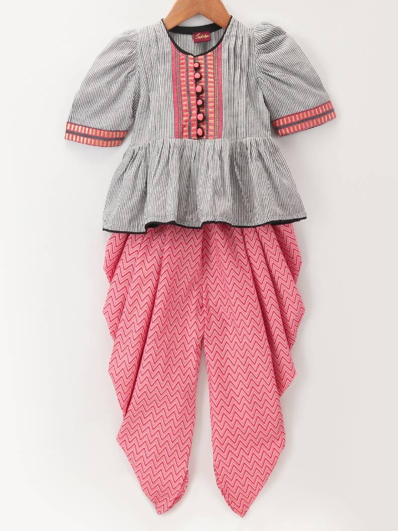Stripes Peplum Top With Printed Dhoti Pants- Grey & Pink
