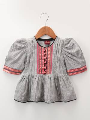 Stripes Peplum Top With Printed Dhoti Pants- Grey & Pink 2