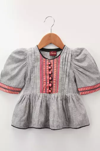 Stripes Peplum Top With Printed Dhoti Pants- Grey & Pink