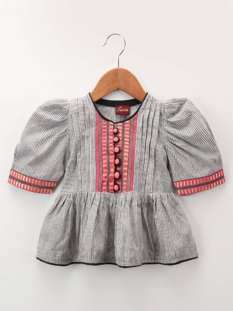 Stripes Peplum Top With Printed Dhoti Pants- Grey & Pink