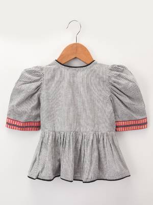 Stripes Peplum Top With Printed Dhoti Pants- Grey & Pink 3