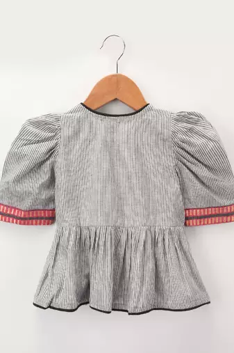 Stripes Peplum Top With Printed Dhoti Pants- Grey & Pink
