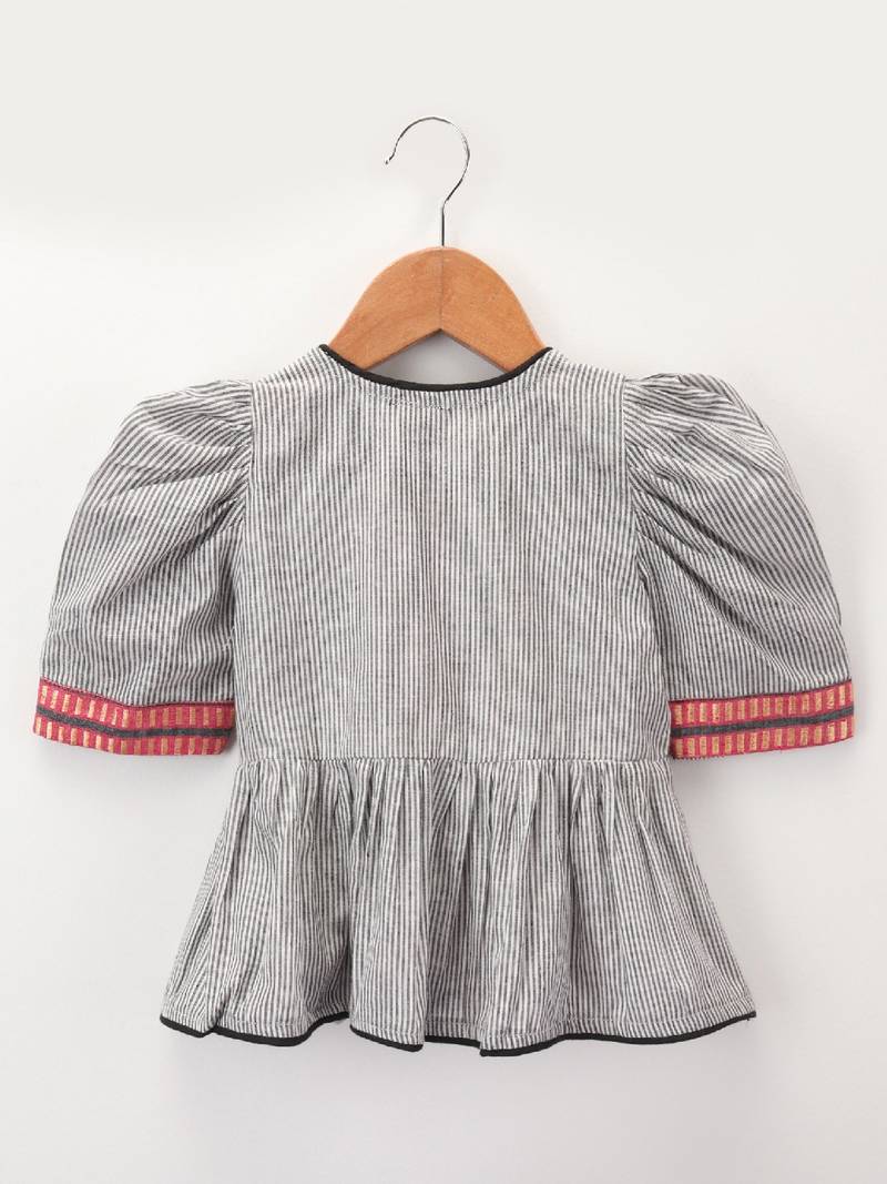 Stripes Peplum Top With Printed Dhoti Pants- Grey & Pink