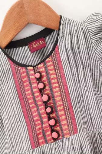 Stripes Peplum Top With Printed Dhoti Pants- Grey & Pink
