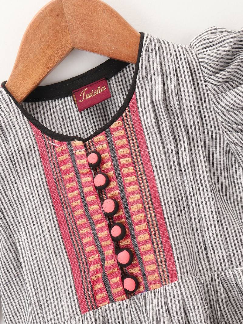 Stripes Peplum Top With Printed Dhoti Pants- Grey & Pink