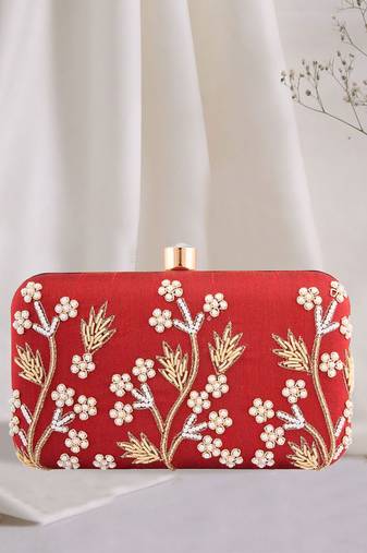 Red FLORAL PATTERN EMBROIDERED CLUTCH