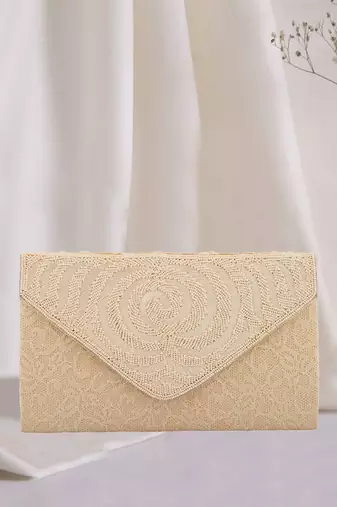 Pearl Work Embellished Cream Clutch