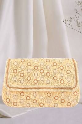 Pearl & Stone Work Embellished Cream Clutch 1