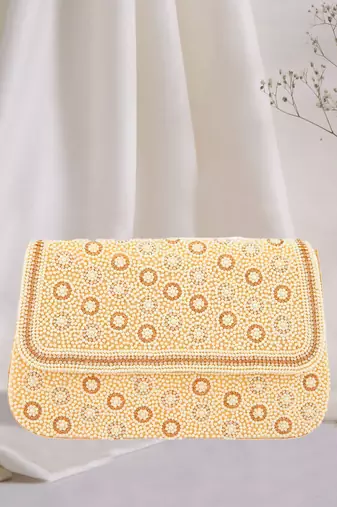 Pearl & Stone Work Embellished Cream Clutch