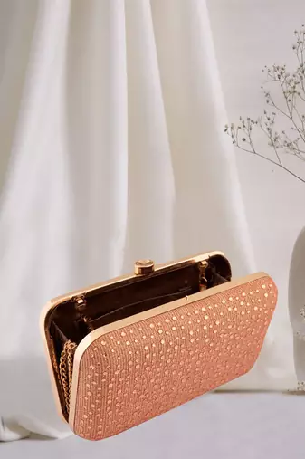 Party Wear Stone Work Embellished Rose Gold Clutch