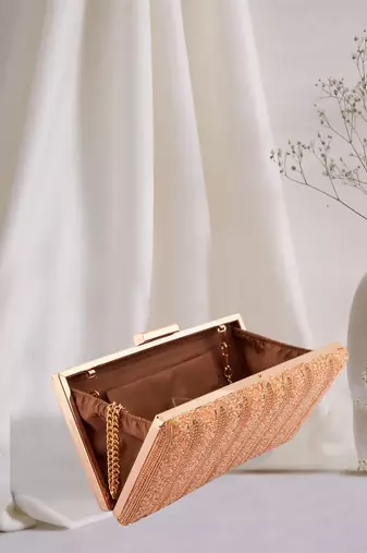 Cutdana Embellished Rose Gold Beads & Stonework Clutch