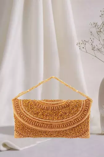 Curved Cutdana Heavy Stone Work Gold Clutch