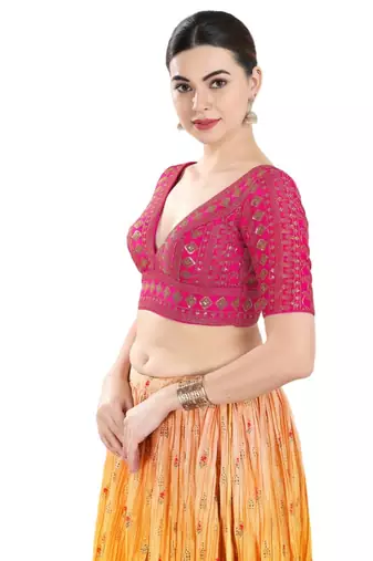 Pink Art Silk Traditional Printed Pre-Stitched Blouse