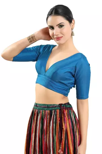 Blue Festive V-Neck Blouse for Women