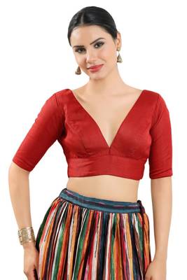 Red Silk V-Neck Readymade Blouse 1