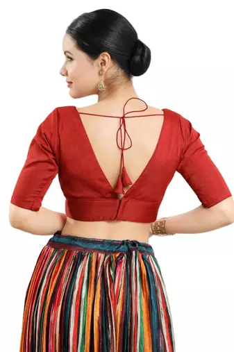 Red Silk V-Neck Readymade Blouse