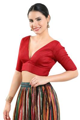 Red Silk V-Neck Readymade Blouse 3