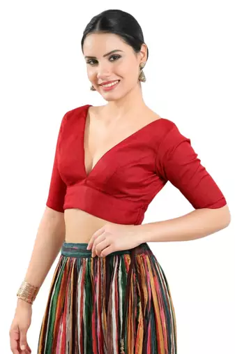 Red Silk V-Neck Readymade Blouse