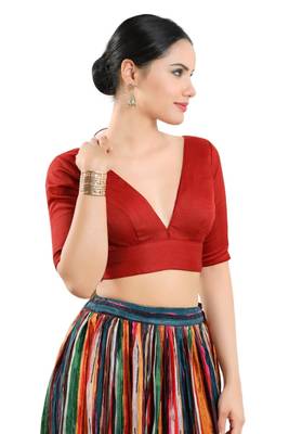 Red Silk V-Neck Readymade Blouse 4