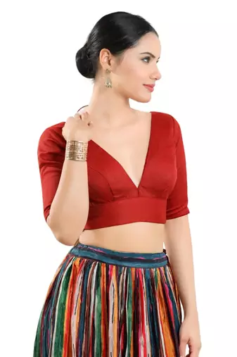 Red Silk V-Neck Readymade Blouse