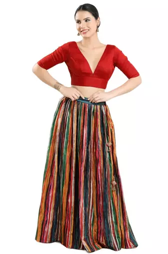 Red Silk V-Neck Readymade Blouse