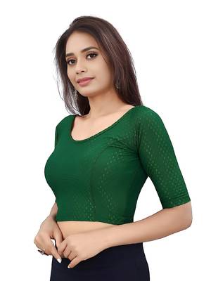 Bottel Green Cotton Lycra Fully Stretchable Round Neck Readymade Blouse With Half Sleeve 3