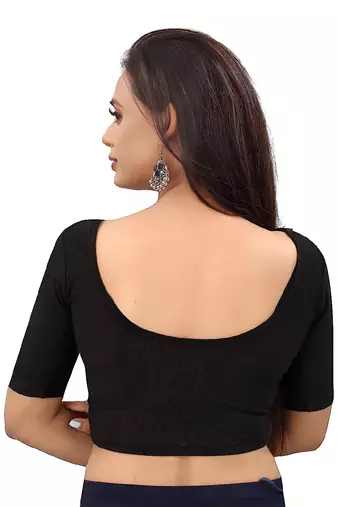 Black Cotton Lycra Fully Stretchable Round Neck Readymade Blouse With Half Sleeve