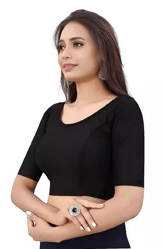 Black Cotton Lycra Fully Stretchable Round Neck Readymade Blouse With Half Sleeve