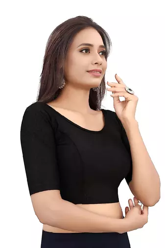 Black Cotton Lycra Fully Stretchable Round Neck Readymade Blouse With Half Sleeve