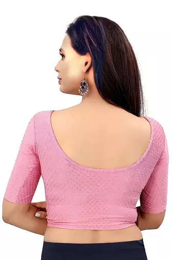 Baby Pink Cotton Lycra Fully Stretchable Round Neck Readymade Blouse With Half Sleeve