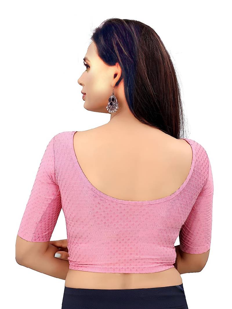Baby Pink Cotton Lycra Fully Stretchable Round Neck Readymade Blouse With Half Sleeve