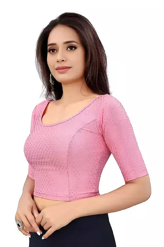 Baby Pink Cotton Lycra Fully Stretchable Round Neck Readymade Blouse With Half Sleeve