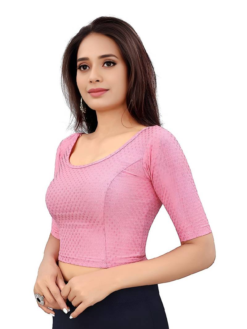 Baby Pink Cotton Lycra Fully Stretchable Round Neck Readymade Blouse With Half Sleeve