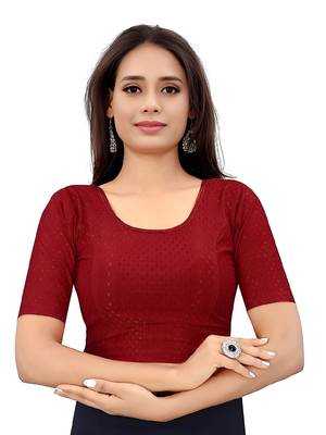 Maroon Cotton Lycra Fully Stretchable Round Neck Readymade Blouse With Half Sleeve 1