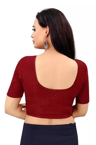 Maroon Cotton Lycra Fully Stretchable Round Neck Readymade Blouse With Half Sleeve