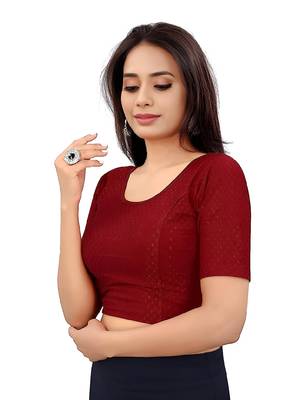 Maroon Cotton Lycra Fully Stretchable Round Neck Readymade Blouse With Half Sleeve 3