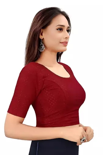 Maroon Cotton Lycra Fully Stretchable Round Neck Readymade Blouse With Half Sleeve