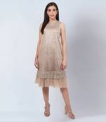 Beige sequin embroidered a line net dress