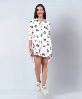 White and blue evil eye print shirt dress 1