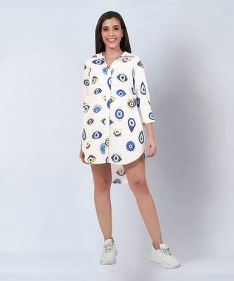 White and blue evil eye print shirt dress 2