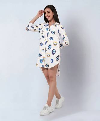 White and blue evil eye print shirt dress 3