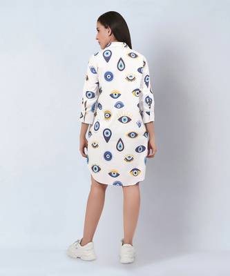 White and blue evil eye print shirt dress 4