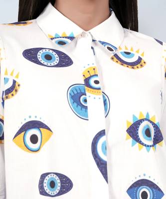 White and blue evil eye print shirt dress 5