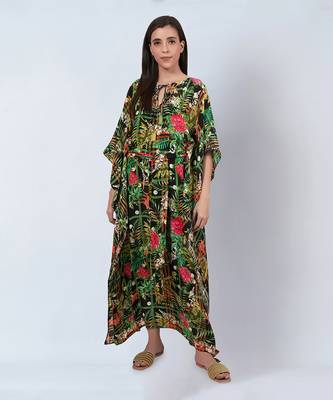 Green and black jungle print full length kaftan 1