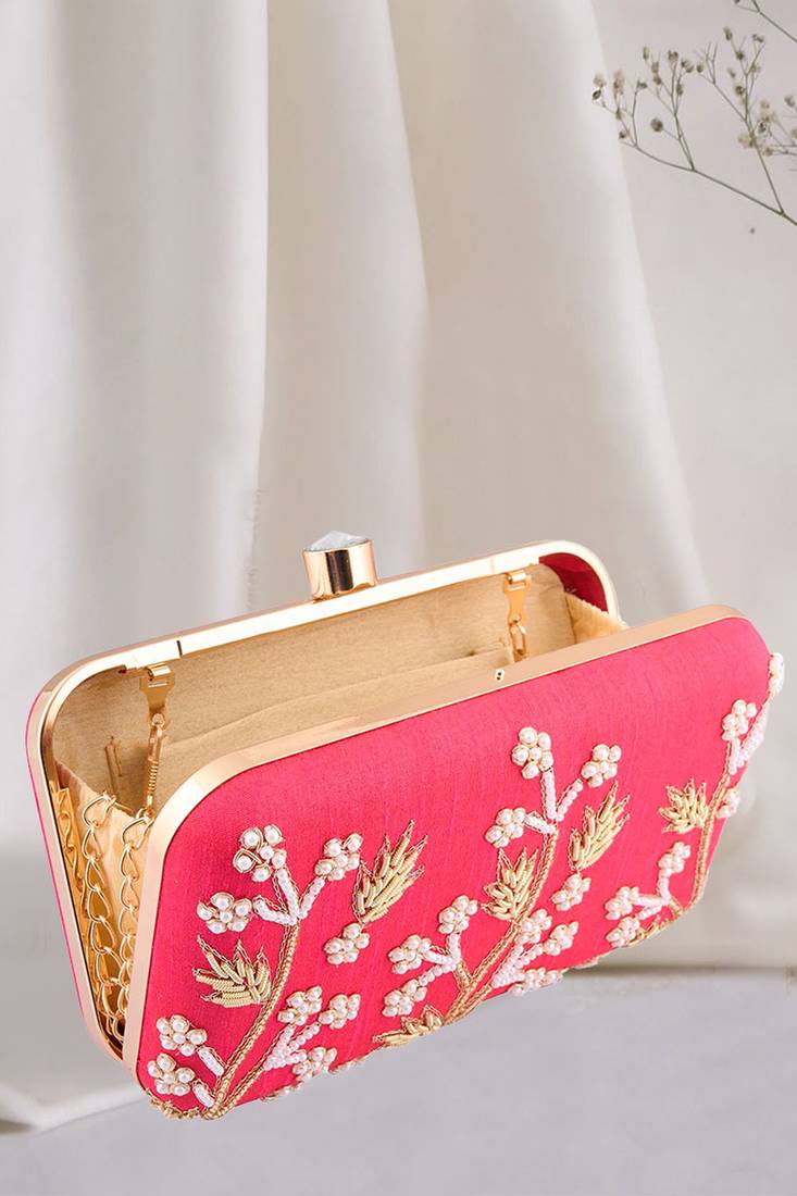 HOT PINK EMBROIDERED CLUTCH