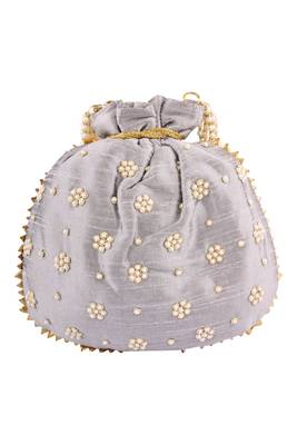 Grey Art Silk Pearl Work Potli Bag 2